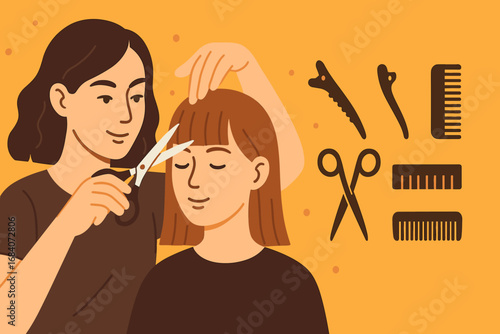 Hair Styling Essentials. Bright banner portraying stylist fixing bangs and precision cut icon set for shears, parting clips, ruler