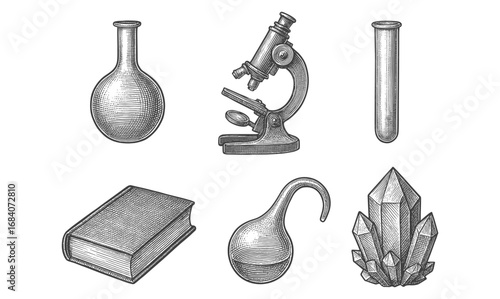 Vintage science icons: flask, microscope, test tube, book, and crystal in engraved art style