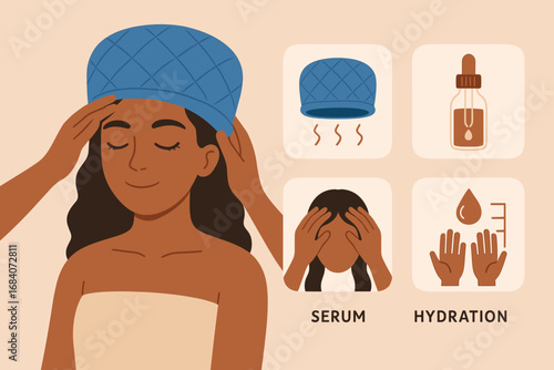 Hair Care Treatment Essentials. Illustrated banner of client getting hair treatment and care icon set for heat cap, serum, scalp