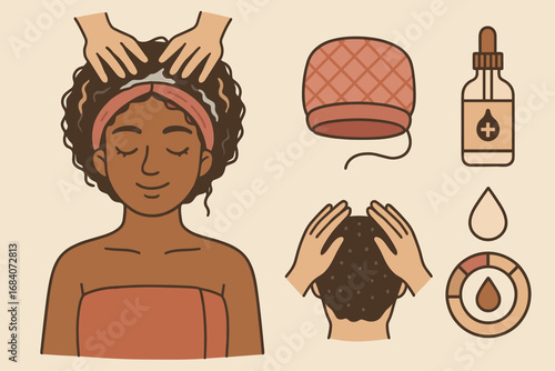 Hair Care Treatment Essentials. Illustrated banner of client getting hair treatment and care icon set for heat cap, serum, scalp