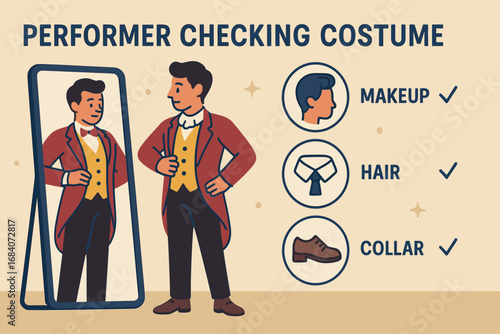 Performer Costume Check. Flat vector banner with performer checking costume in mirror and self-check icon set for makeup checklist