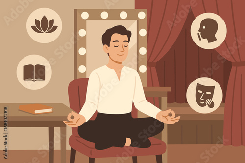 Pre-Show Zen Moment. Flat scene showing lead actor relaxing pre-show and focus icon set for zen symbol, book, silence icon and