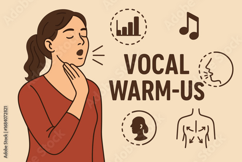 Vocal Warmup Elements. Scene banner with actress doing vocal warmups and voice icon set for scales, notes, breathing, and