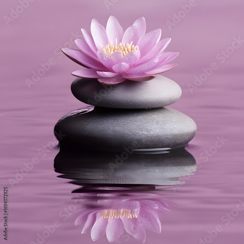 Serene Pink Water Lily on Stacked Stones in Calm Water