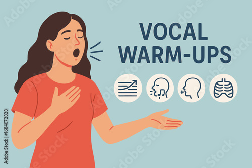 Vocal Warmup Elements. Scene banner with actress doing vocal warmups and voice icon set for scales, notes, breathing, and
