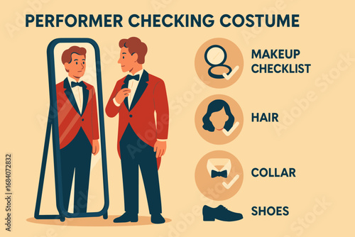 Performer Costume Check. Flat vector banner with performer checking costume in mirror and self-check icon set for makeup checklist