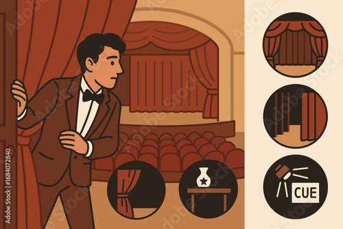 Theatrical Stage Setup. Scene illustration showing actor checking stage entrance and theater layout icon set for curtain, wings,