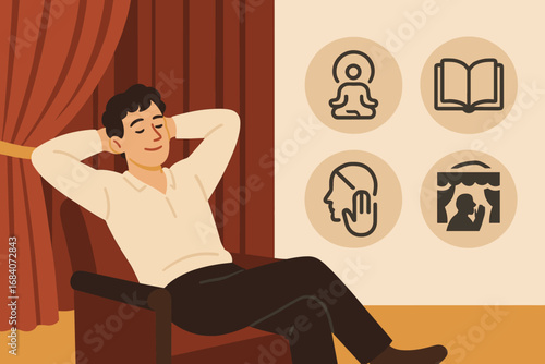 Pre-Show Zen Moment. Flat scene showing lead actor relaxing pre-show and focus icon set for zen symbol, book, silence icon and