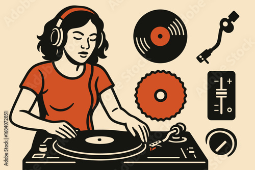 DJ's Analog Setup. Creative vector layout with female DJ spinning vinyl and analog gear icon set for records, needles, slipmat and