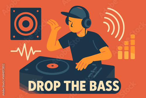 DJ and Bass Drop. Stylized flat vector of DJ dropping the bass and drop icon set for subwoofer, pulse icon, vibration lines and