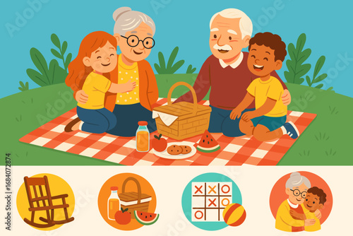 Multigenerational Family Picnic. Bright banner portraying grandparents with grandkids and multigenerational picnic icon set for