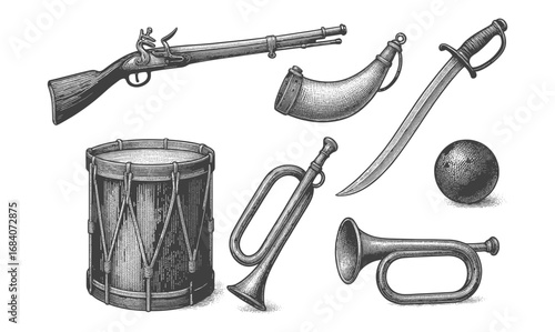 Vintage military instruments and weapons: historical engraving of drums, muskets, and sabers