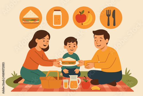 Family Picnic Delight. Flat vector illustration featuring parents serving food and picnic meal icon set for sandwiches, juice,