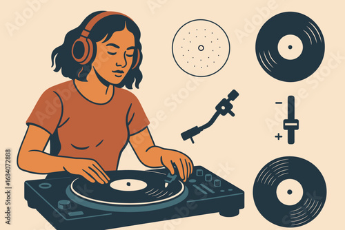 DJ's Analog Setup. Creative vector layout with female DJ spinning vinyl and analog gear icon set for records, needles, slipmat and