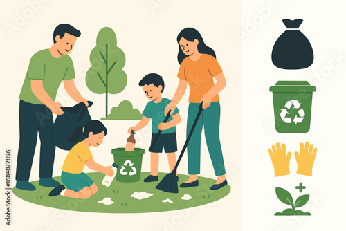 Eco-Friendly Family Cleanup. Clean vector illustration of family cleaning up area and eco-friendly icon set for trash bag,