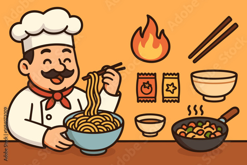Chef Serving Noodles. Cartoon-style horizontal panel showing chef serving noodles and wok food icon set for flames, chopsticks,