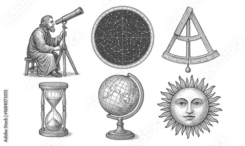 Vintage astronomy set with telescope and celestial instruments