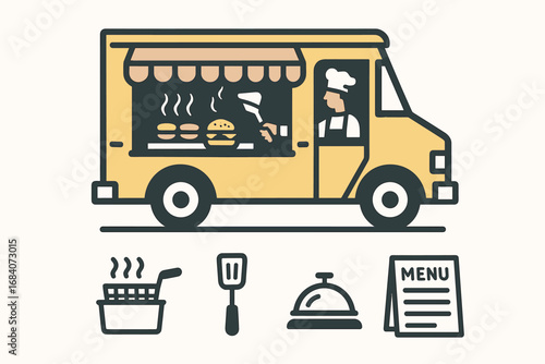 Food Truck Essentials. Minimalist vector strip with food truck cooking burgers and mobile kitchen icon set for fryer, spatula,