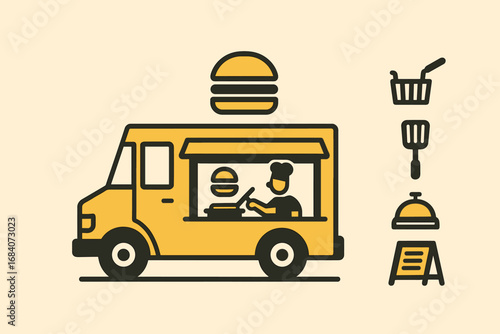 Food Truck Essentials. Minimalist vector strip with food truck cooking burgers and mobile kitchen icon set for fryer, spatula,