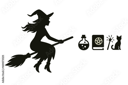 Witching Hour Icons. Vector banner featuring witch on broomstick silhouette and magic icon set for potions, spellbook, wand and