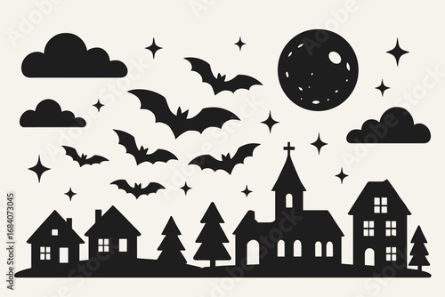 Bats Over Moonlit Village. Horizontal vector artwork of bats flying over village and sky icon set for night clouds, bat group,