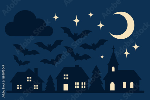 Bats Over Moonlit Village. Horizontal vector artwork of bats flying over village and sky icon set for night clouds, bat group,