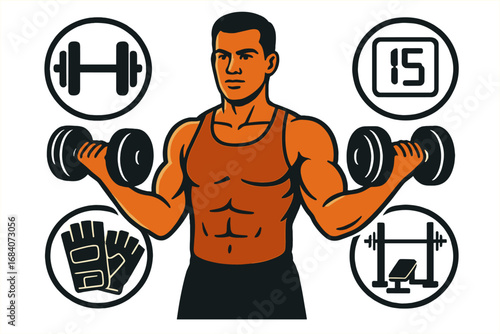 Strength Training Icons. Creative vector layout with man lifting dumbbells and strength training icon set for barbells, reps