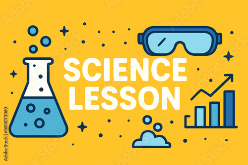 Science Experiment Icons. Bright banner portraying science lesson with experiment and hands-on icon set for beaker, safety goggles