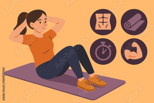 Core Workout Banner. Flat design banner featuring girl on mat doing sit-ups and core workout icon set for abs icon, mat, timer and