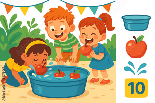 Apple Bobbing Fun. Colorful scene of kids bobbing for apples and party game icon set for basin, apple, wet splashes and score