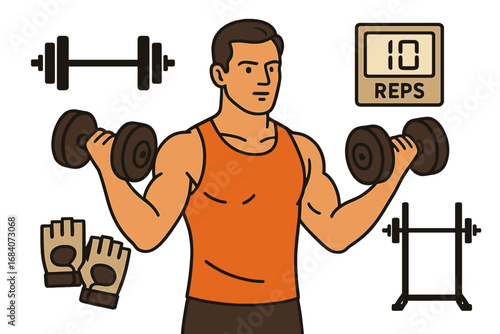 Strength Training Icons. Creative vector layout with man lifting dumbbells and strength training icon set for barbells, reps