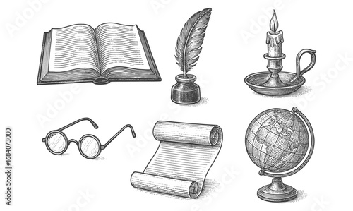 Vintage writing tools and accessories in retro etching style