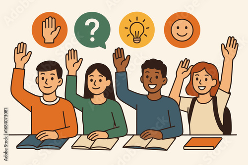 Engaged Students Icons. Flat vector illustration featuring students raising hands and participation icon set for hand icon,