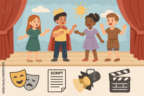 Classroom Drama Activity. Illustrated banner of students acting in class skit and drama activity icon set for masks, script,
