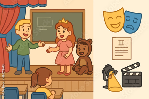 Classroom Drama Activity. Illustrated banner of students acting in class skit and drama activity icon set for masks, script,