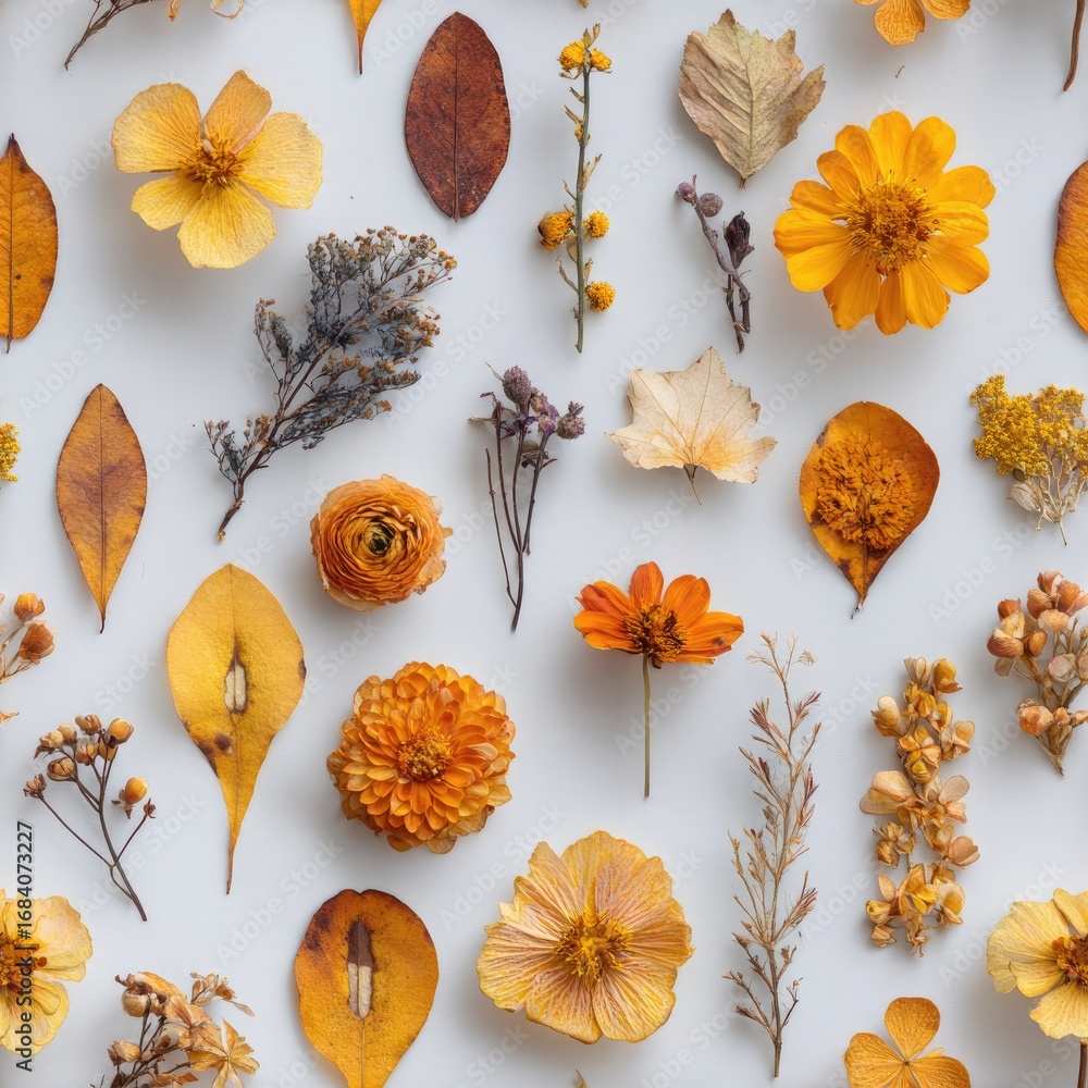 Fototapeta premium Autumnal dried flowers & leaves on white