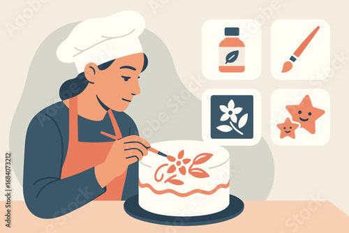 Baker's Decorating Tools. Modern vector panel showing baker painting cake decorations and fine detailing icon set for edible paint