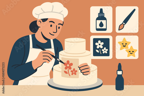 Baker's Decorating Tools. Modern vector panel showing baker painting cake decorations and fine detailing icon set for edible paint