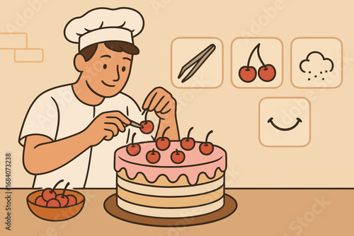 Baker's Finishing Touches. Illustrated banner of baker adding cherries to cake and finishing touches icon set for tweezers,