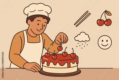 Baker's Finishing Touches. Illustrated banner of baker adding cherries to cake and finishing touches icon set for tweezers,