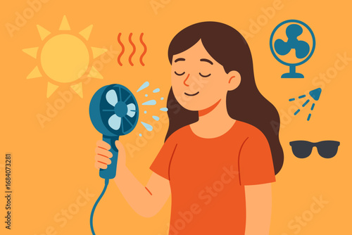 Cooling Off Gear. Flat vector banner with girl spraying mist fan and heat icon set for sun icon, fan, water spray and sunglasses.