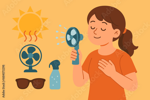 Cooling Off Gear. Flat vector banner with girl spraying mist fan and heat icon set for sun icon, fan, water spray and sunglasses.