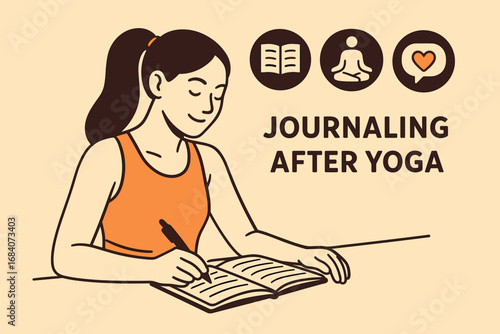 Yoga Journaling Icons. Vector banner featuring woman journaling after yoga and self-reflection icon set for pen, notebook,