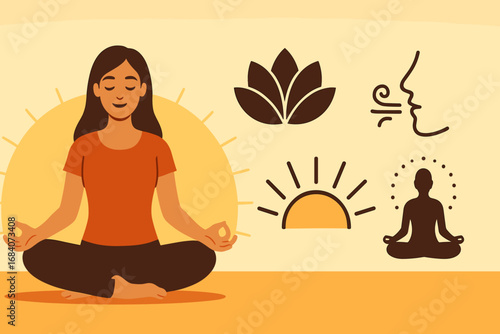 Sunrise Meditation Icons. Horizontal vector banner showing woman meditating at sunrise and mindfulness icon set for lotus pose,