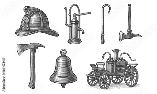 Vintage firefighting tools collection with antique equipment and gear
