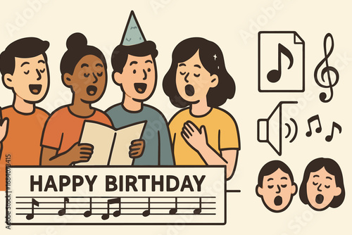 Birthday Singing Icons. Wide banner showing group singing birthday song and music icon set for lyrics sheet, treble clef, speaker