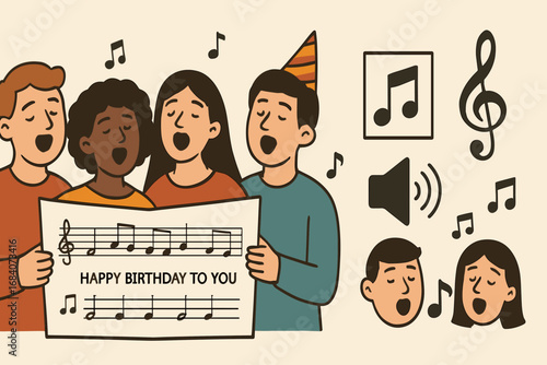 Birthday Singing Icons. Wide banner showing group singing birthday song and music icon set for lyrics sheet, treble clef, speaker