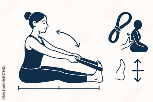 Yoga Strap Techniques. Clean vector illustration of practitioner using yoga strap and assist icon set for loop strap, posture help