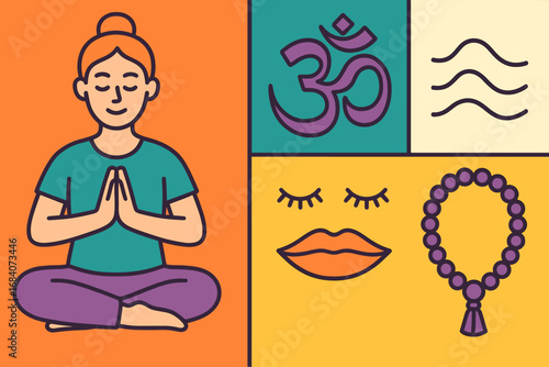 Mantra Instruction Icons. Colorful vector panel with instructor offering mantra and chanting icon set for Om symbol, vibration