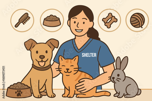 Shelter Worker with Animals. Horizontal composition showing shelter worker smiling with animals and care icon set for brush, food